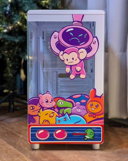 Colorful toy vending machine with cartoon characters on a wooden floor.