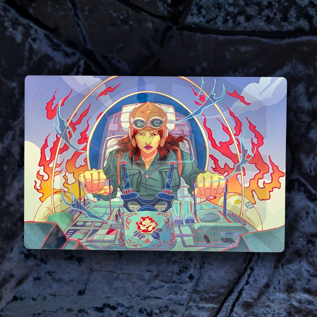 Colorful illustration of a character in a cockpit with flames and mechanical elements on a dark background metal art poster