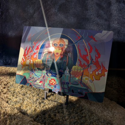 Colorful artwork of a character with flames and geometric patterns on a dark background