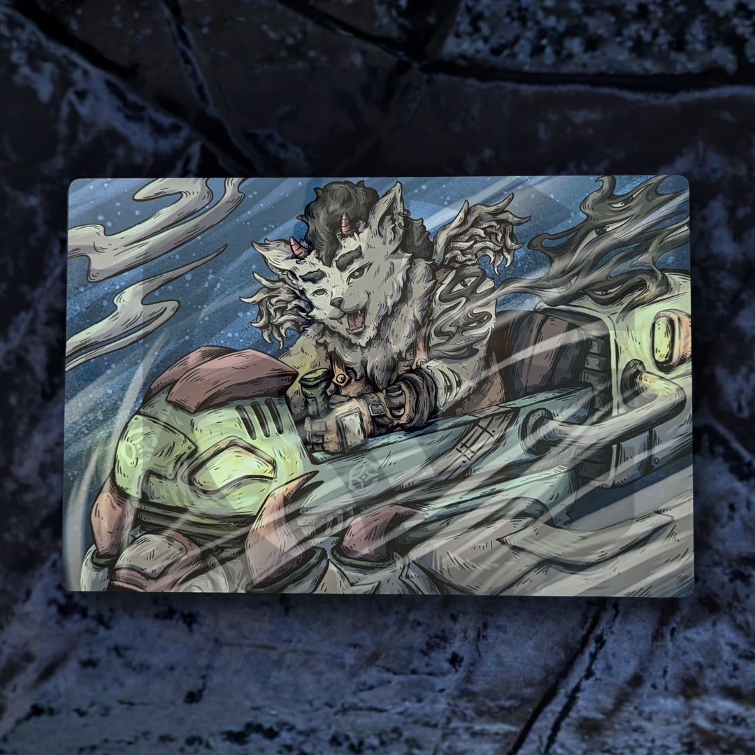 Illustration of a wolf-like creature and a robot in a futuristic setting metal art poster