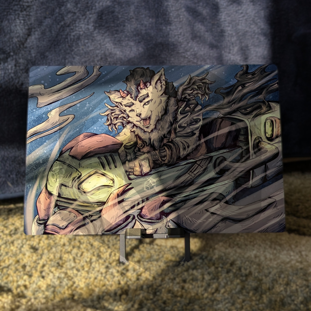 Illustration of a creature with a glowing object on a stand against a dark background