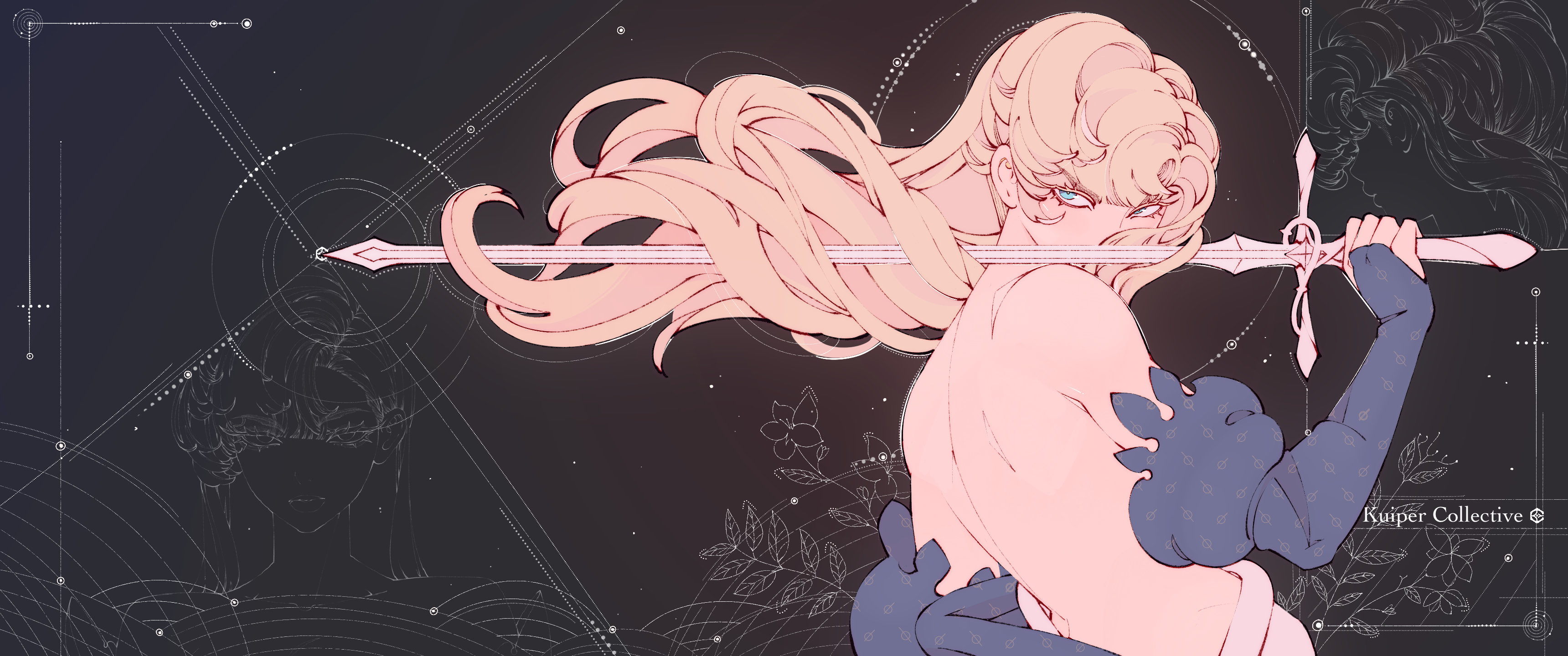 Illustration of a winged figure holding a sword with a dark, starry background.
