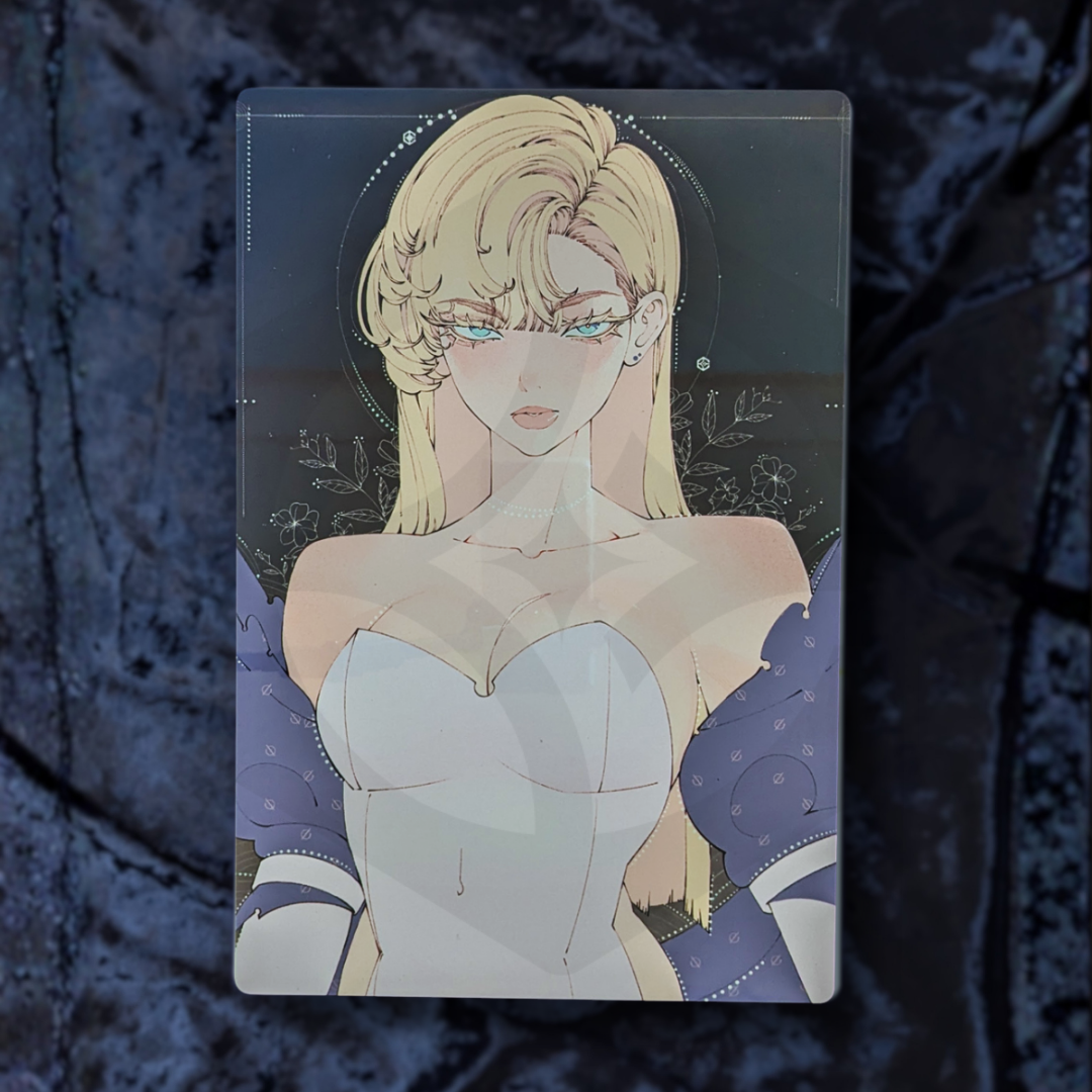 Card with an illustration of a character with blonde hair and blue eyes on a dark textured background metal art poster