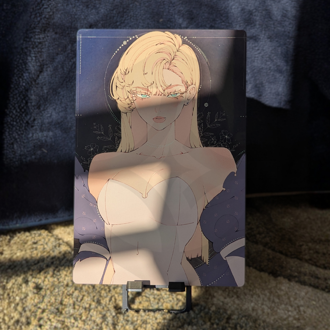 Anime-style character on a stand with a dark background