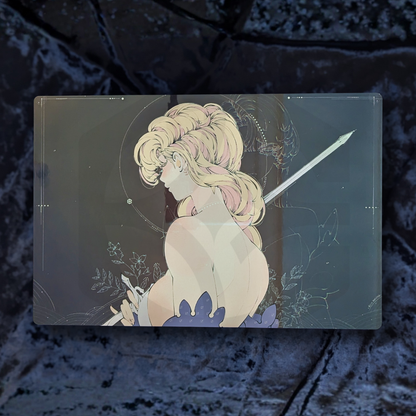 Metal art poster with an illustration of a woman with blonde hair and a sword on a dark textured background