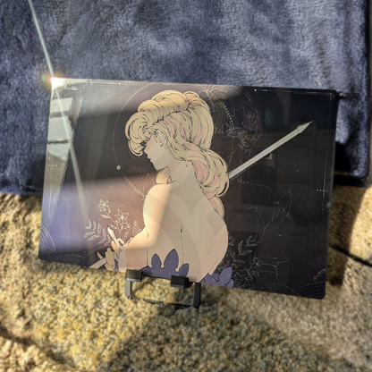 Illustration of a person holding a sword on a textured surface