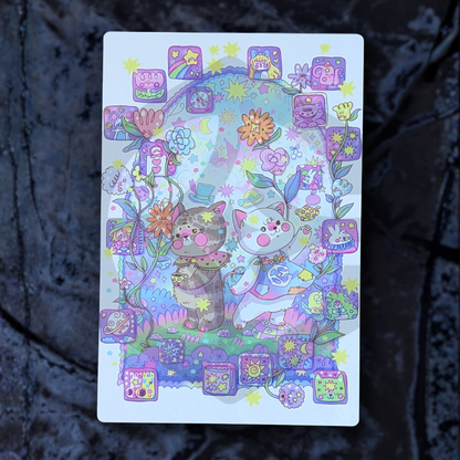 Colorful card with cartoon cats and floral designs on a dark textured background metal art poster