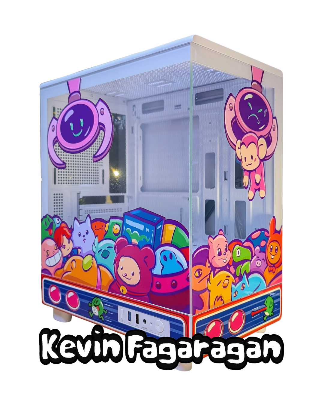 Colorful and crane game inspired PC computer case with cartoon designs by Filipino-American artist 'Kevin Fagaragan'.