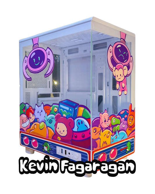 Colorful and crane game inspired PC computer case with cartoon designs by Filipino-American artist 'Kevin Fagaragan'.