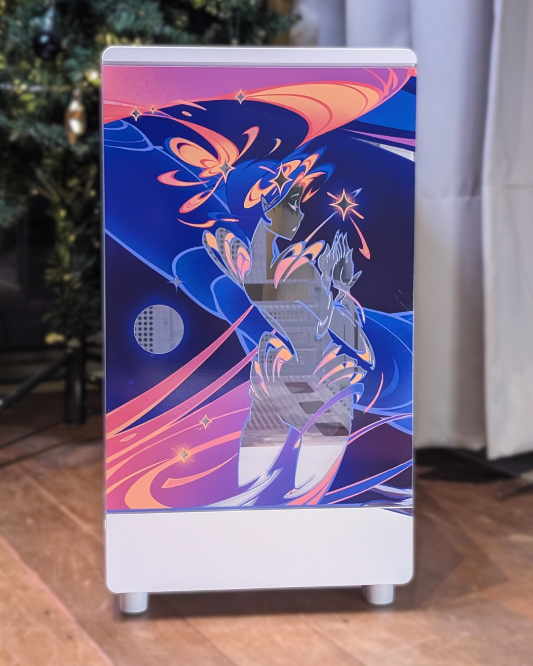 Front glass panel of an exclusive design PC case with a sailor moon inspired transformation of a girl.