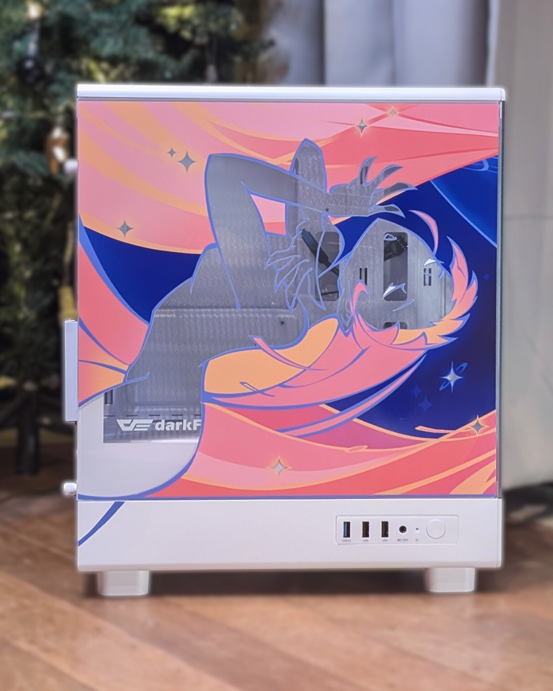 Main glass panel of a PC case with a anime hero girl transformation.