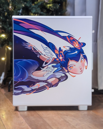 Metal side panel of a customized PC case with celestial hero anime-style girl character design.