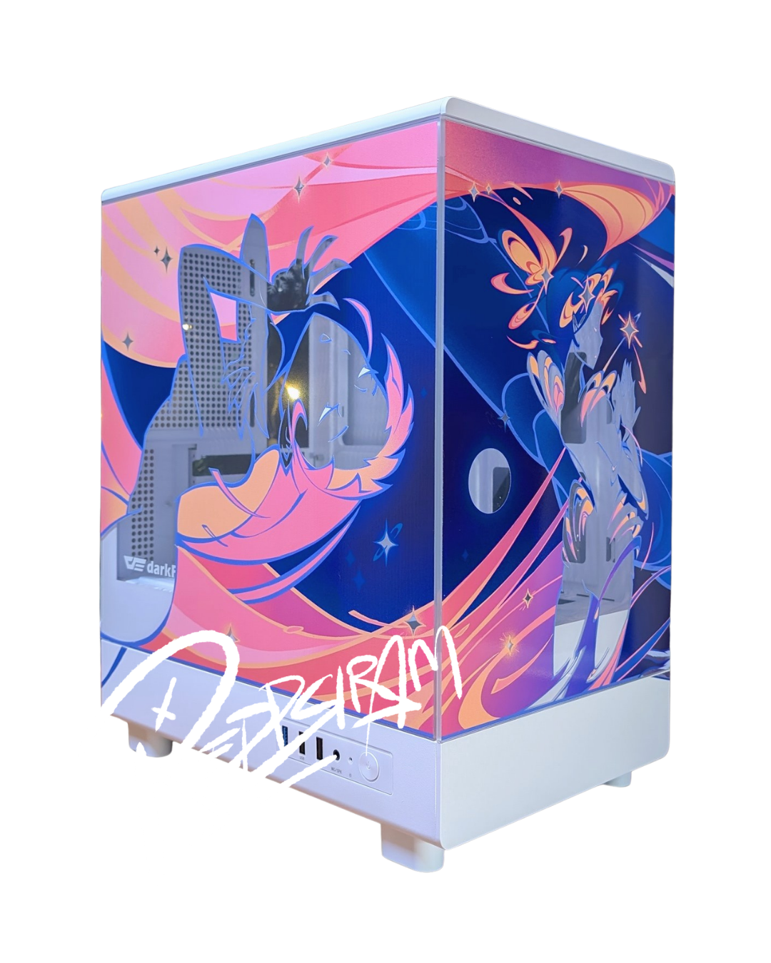 Pink and blue main color design; glowing, girly, and celestial customized PC computer case by Filipino artist Reddsiram.