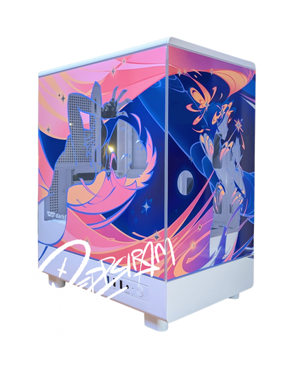 Pink and blue main color design; glowing, girly, and celestial customized PC computer case by Filipino artist Reddsiram.